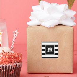 Sticker Carré Monogramme Initiale Élégant Chic Cool Rayures Noir