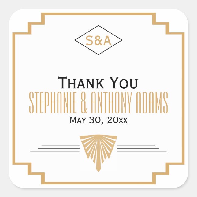 Sticker Carré Monogramme Mariage Art déco noir, or et blanc (Devant)