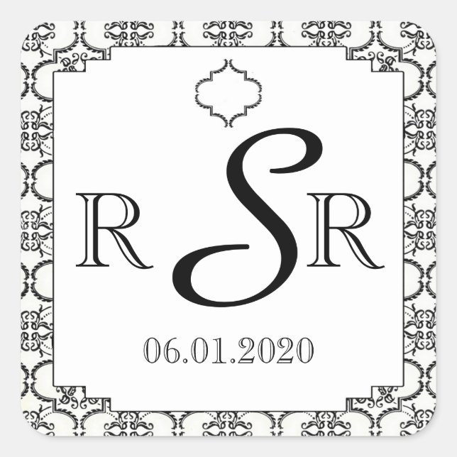 Sticker Carré Monogramme Mariage damassé noir et blanc (Devant)