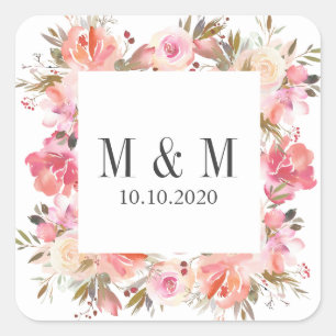 Sticker Carré Monogramme Mariage de cadre Botanique Rose Dream