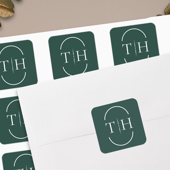 Sticker Carré Monogramme Mariage Emerald Green dans le cadre ova (Monogrammed wedding stickers in emerald green from my Wedding Colors collection)