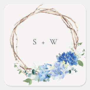 Sticker Carré Monogramme Mariage en bois floral bleu vif