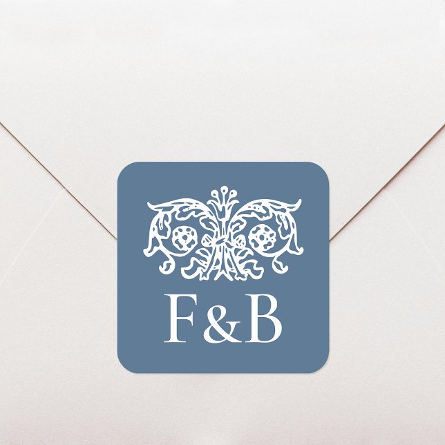 Sticker Carré Monogramme Mariage Orné Floral Bleu (Créateur téléchargé)