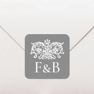 Sticker Carré Monogramme Mariage Orné Floral Gris Foncé