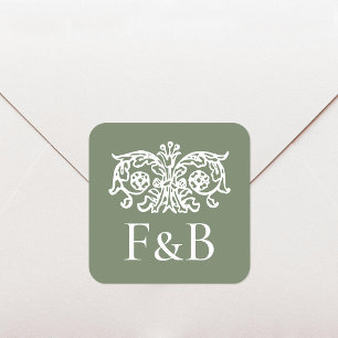Sticker Carré Monogramme Mariage Orné Floral Vert