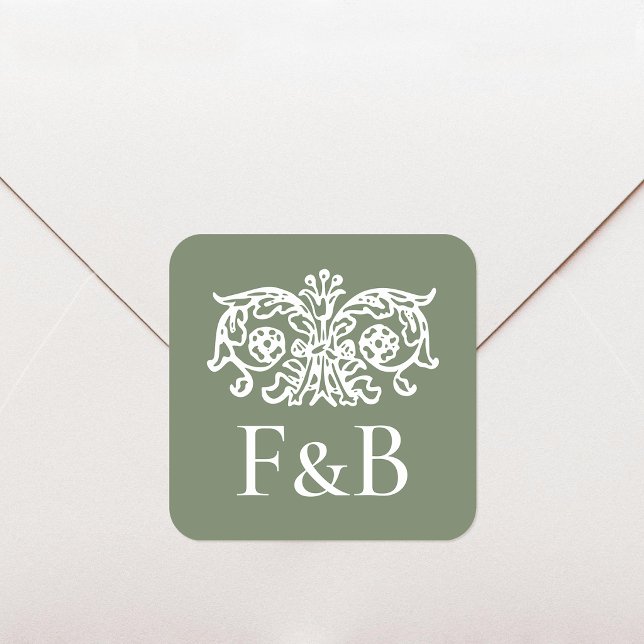 Sticker Carré Monogramme Mariage Orné Floral Vert (Créateur téléchargé)