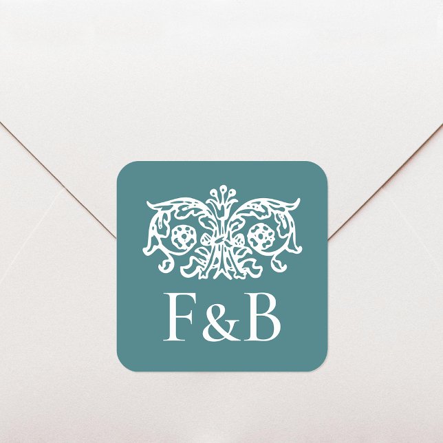 Sticker Carré Monogramme Mariage Orné Floral Vert sarcelle (Créateur téléchargé)
