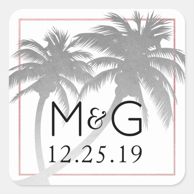 Sticker Carré Monogramme Mariage Tropical Argent Palm Tree (Devant)