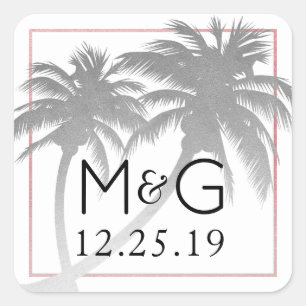 Sticker Carré Monogramme Mariage Tropical Argent Palm Tree