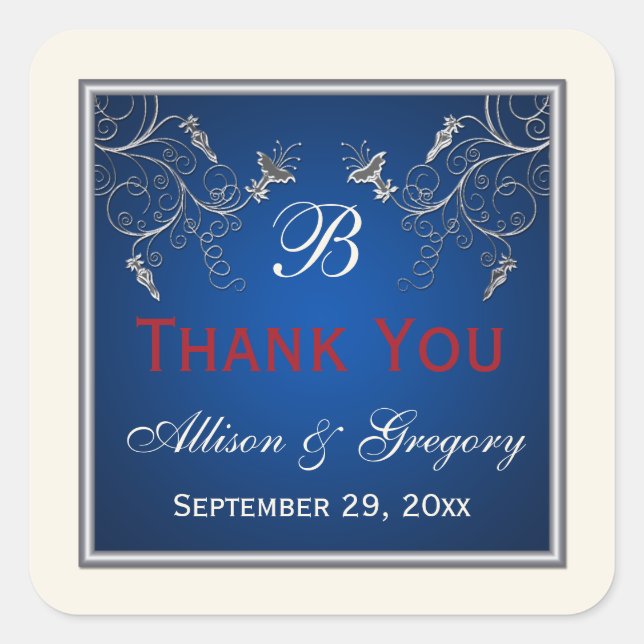 Sticker Carré Monogramme Marine, Ivoire, Rouge, Sticule floral a (Devant)