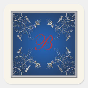 Sticker Carré Monogramme Marine, Ivoire, Rouge, Sticule floral a