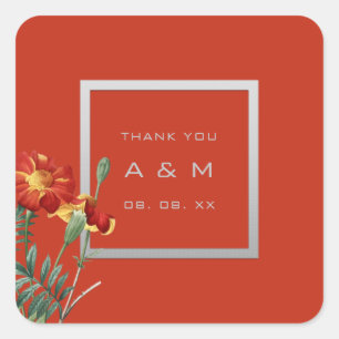 Sticker Carré Monogramme Merci Cadre gris Argent Floral Corail
