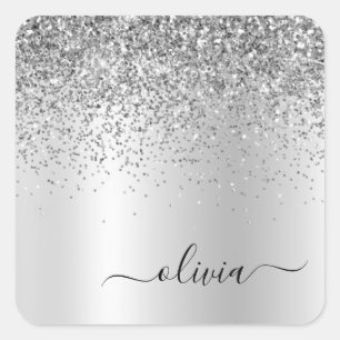 Sticker Carré Monogramme Métal Paillettes Argent Nom Glam