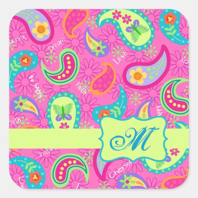 Sticker Carré Monogramme Motif Paisley moderne Fuchsia Hot Pin (Devant)