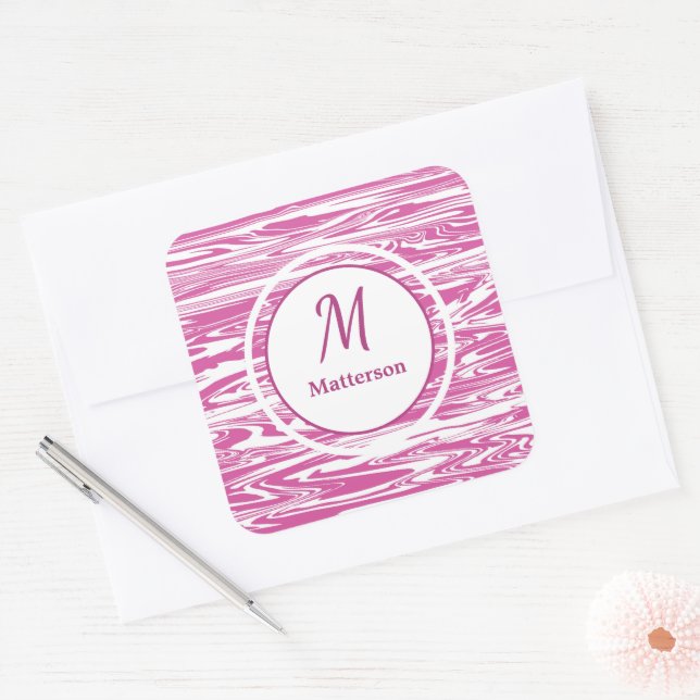 Sticker Carré Monogramme Motif rose moderne personnalisé (Enveloppe)