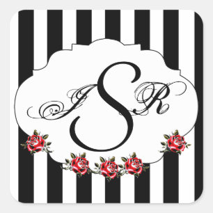 Sticker Carré Monogramme noir blanc et rose rouge Mariage