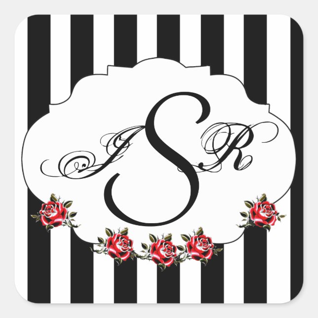 Sticker Carré Monogramme noir blanc et rose rouge Mariage (Devant)