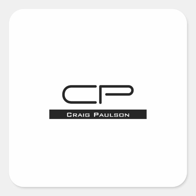 Sticker Carré Monogramme noir blanc Nom Plaque moderne Simple (Devant)