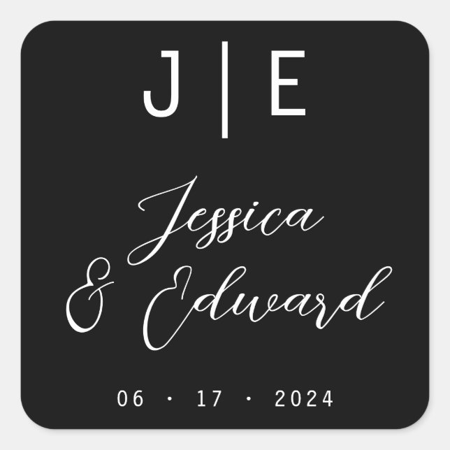 Sticker Carré Monogramme noir élégant Script Couple Nom moderne (Devant)