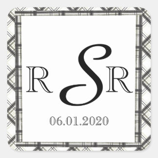 Sticker Carré Monogramme noir et blanc du Mariage plaqué