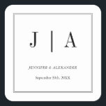 Sticker Carré Monogramme noir et blanc Moderne Mariage simple<br><div class="desc">Un design simple et élégant monogramme noir et blanc minimaliste mariage pour le couple heureux qui veut donner des faveurs de mariage et des sacs cadeaux aux invités. Le texte typographique du design est personnalisable et peut être personnalisé avec les noms et initiales de la mariée et du marié. Le...</div>