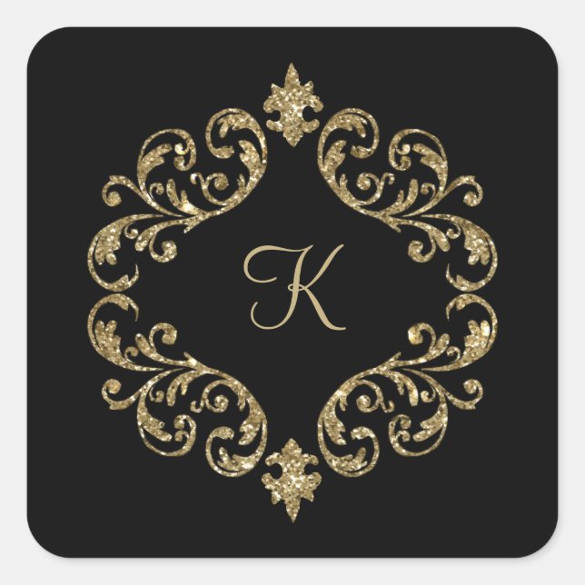 Sticker Carré Monogramme Nom Noir Or  Mariage Soirée Formel (Devant)