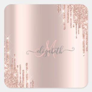 Sticker Carré Monogramme Or Rose avec Gouttes de Paillettes Mode