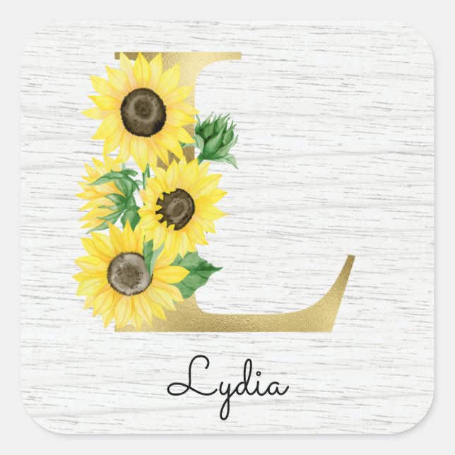 Sticker Carré Monogramme Or Soleil Doré Féminin Floral Initiale  (Devant)