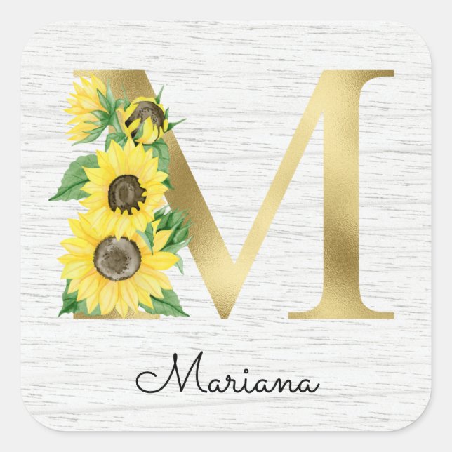 Sticker Carré Monogramme Or Soleil Doré Féminin Floral Initiale  (Devant)