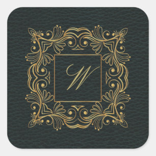 Sticker Carré Monogramme ornemental de cadre sur le cuir foncé