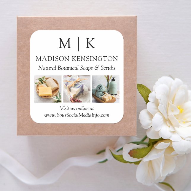 Sticker Carré Monogramme ou ajouter un logo Business 3 Photos (Edit to Customize text, colors and more)