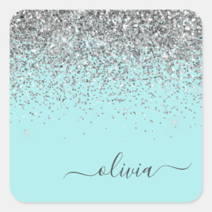 Sticker Carré Monogramme Pailleté Girly Bleu Sarcelle Aqua Argen