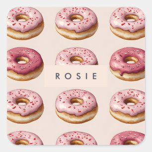 Sticker Carré Monogramme Personnalisé Motif de Donut Rose
