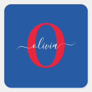Sticker Carré Monogramme personnalisé Nom du script Bleu Blanc R