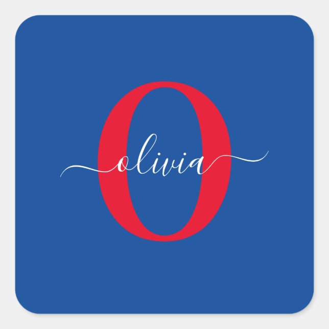Sticker Carré Monogramme personnalisé Nom du script Bleu Blanc R (Devant)