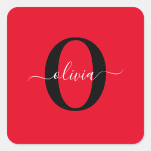 Sticker Carré Monogramme personnalisé Nom du script Rouge Noir B