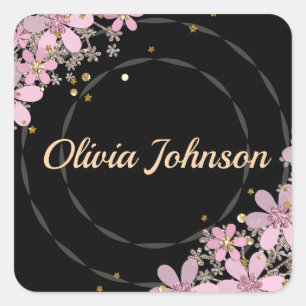 Sticker Carré monogramme personnalisé texte rose or fleuron flor