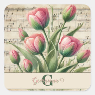 Sticker Carré Monogramme Pink & Green Vintage Tulips Partition M