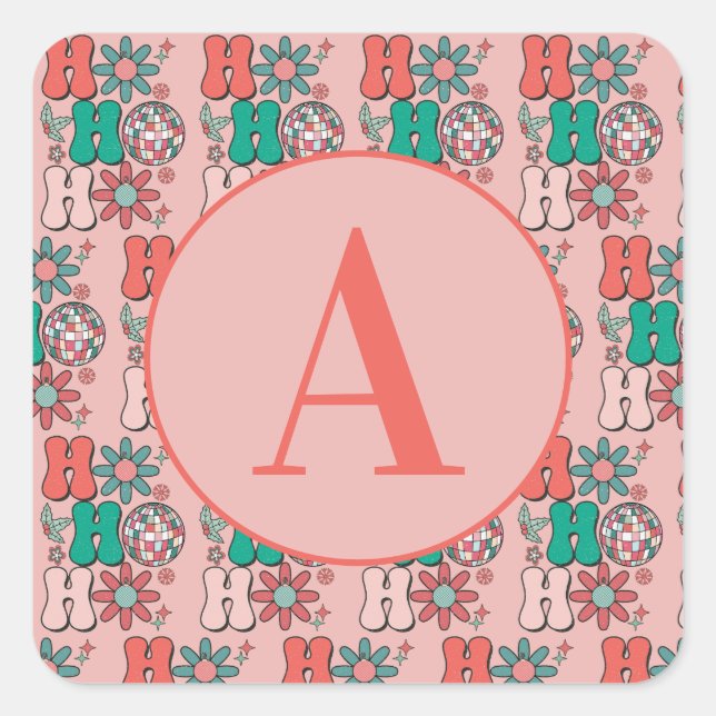 Sticker Carré Monogramme rétro Vintage de Noël HoHoHo (Devant)