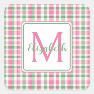 Sticker Carré Monogramme rose et vert preppy