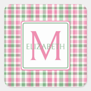 Sticker Carré Monogramme rose et vert preppy