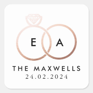 Sticker Carré Monogramme rose Mariage d'or Nom et date