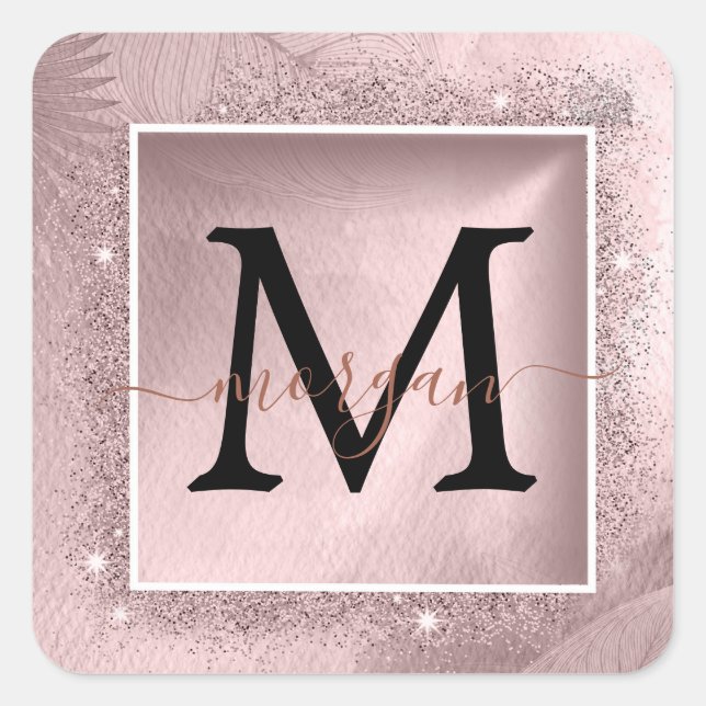 Sticker Carré Monogramme rose Parties scintillant or (Devant)