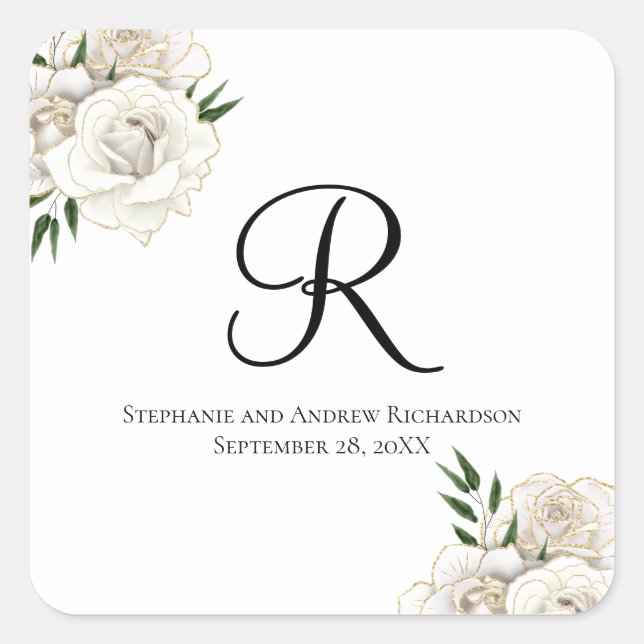 Sticker Carré Monogramme Roses blanches Floral Mariage élégant (Devant)