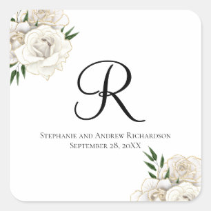 Sticker Carré Monogramme Roses blanches Floral Mariage élégant