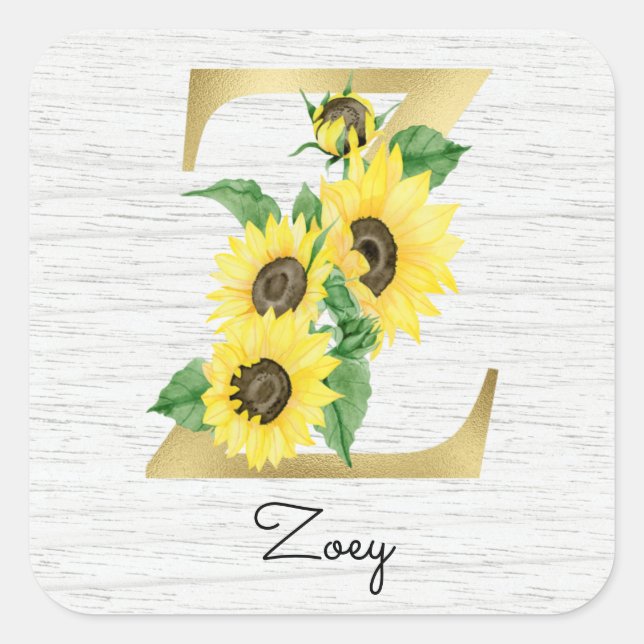 Sticker Carré Monogramme Soleil Doré Fleur Initiale Z Féminin (Devant)