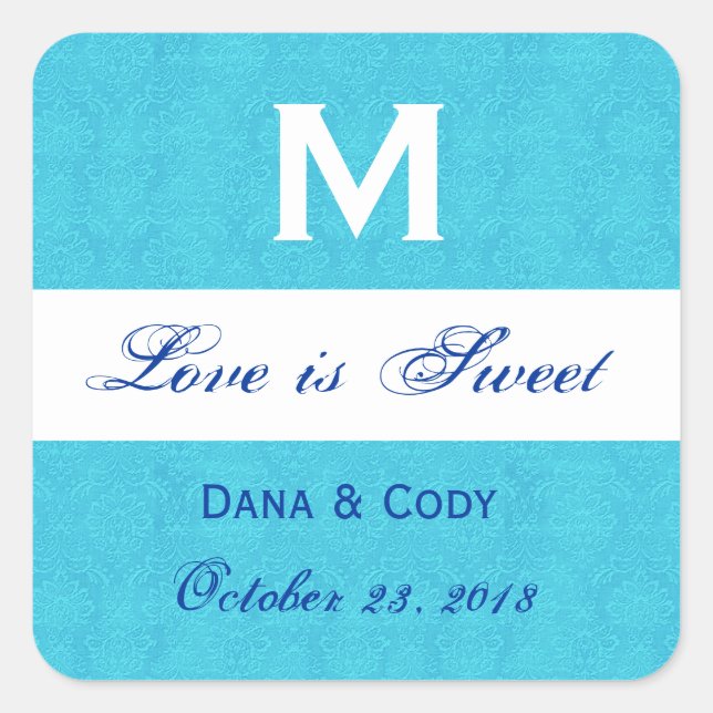 Sticker Carré Monogramme Turquoise Blue Mariage damassé (Devant)