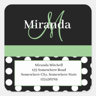 Sticker Carré Monogramme vert Polka blanche Adresse de retour