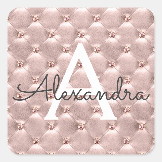 Sticker Carré Monogramme Vintage Élégant Rose Rose (Devant)