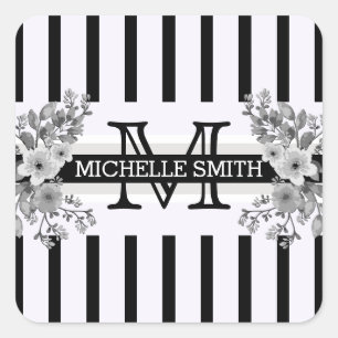 Sticker Carré Monogramme Vintage Floral Grandes Noires